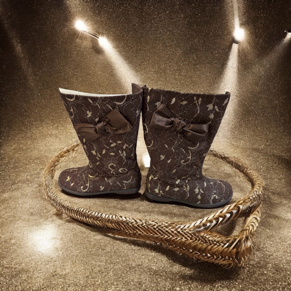 Joan Boyce Brown Boots w/Gold Embroidered Design & Brown Satin Bow Sz-9.5 W NWOB - Picture 16 of 16